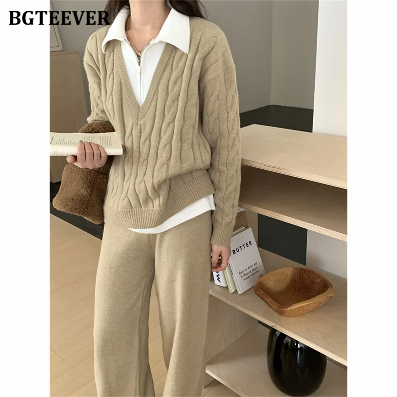 BGTEEVER Autumn Winter Warm Loose Women Knitted 2 Pieces Set Long Sleeve Patchwork Sweaters & Wide Leg Pants Female Tracksuits