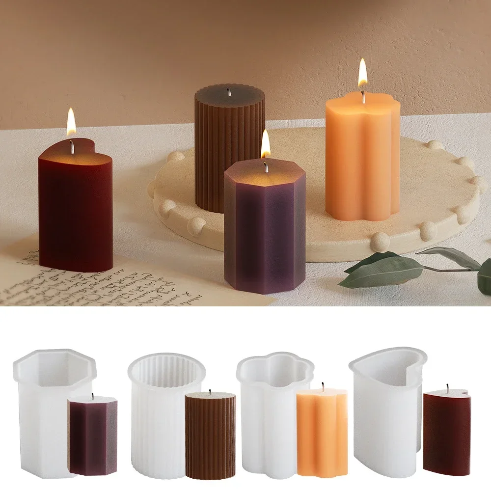 Easy Demold Relief Stripe Cylinder Silicone Candle Molds Flower Column Soap Heart Gypsum Moulds Love Shape Resin Wedding Decor