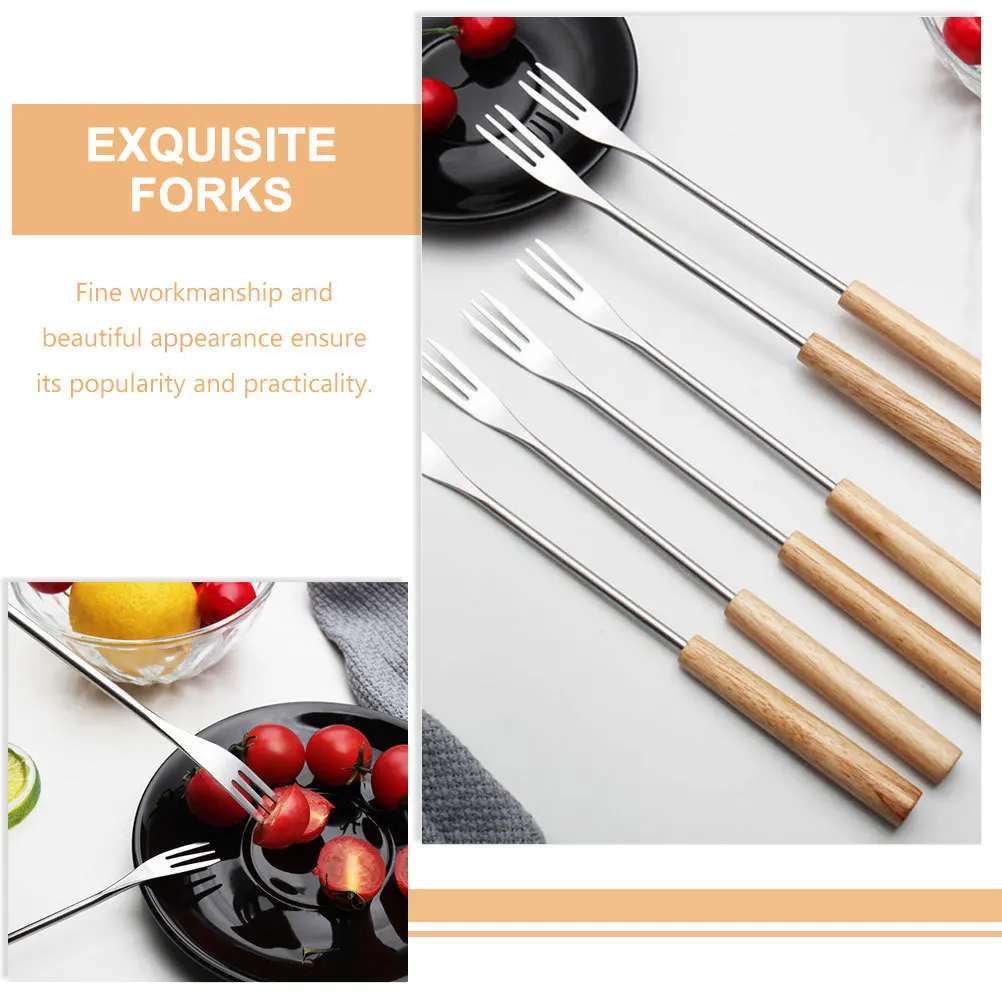 

12Pcs Fire Hot Pot Forks Stainless Steel Wood Handle Chocolate Fondue Skewers Cheese Fruit Dipping Forks Household Kitchen Tool