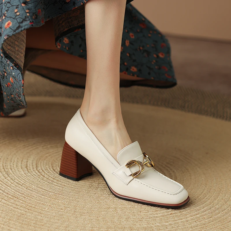 2022 Spring New Genuine Leather Women Shoes Leisure Women Slip-On Shallow Pumps Square Toe Heels Shoes Women Zapatos De Mujer