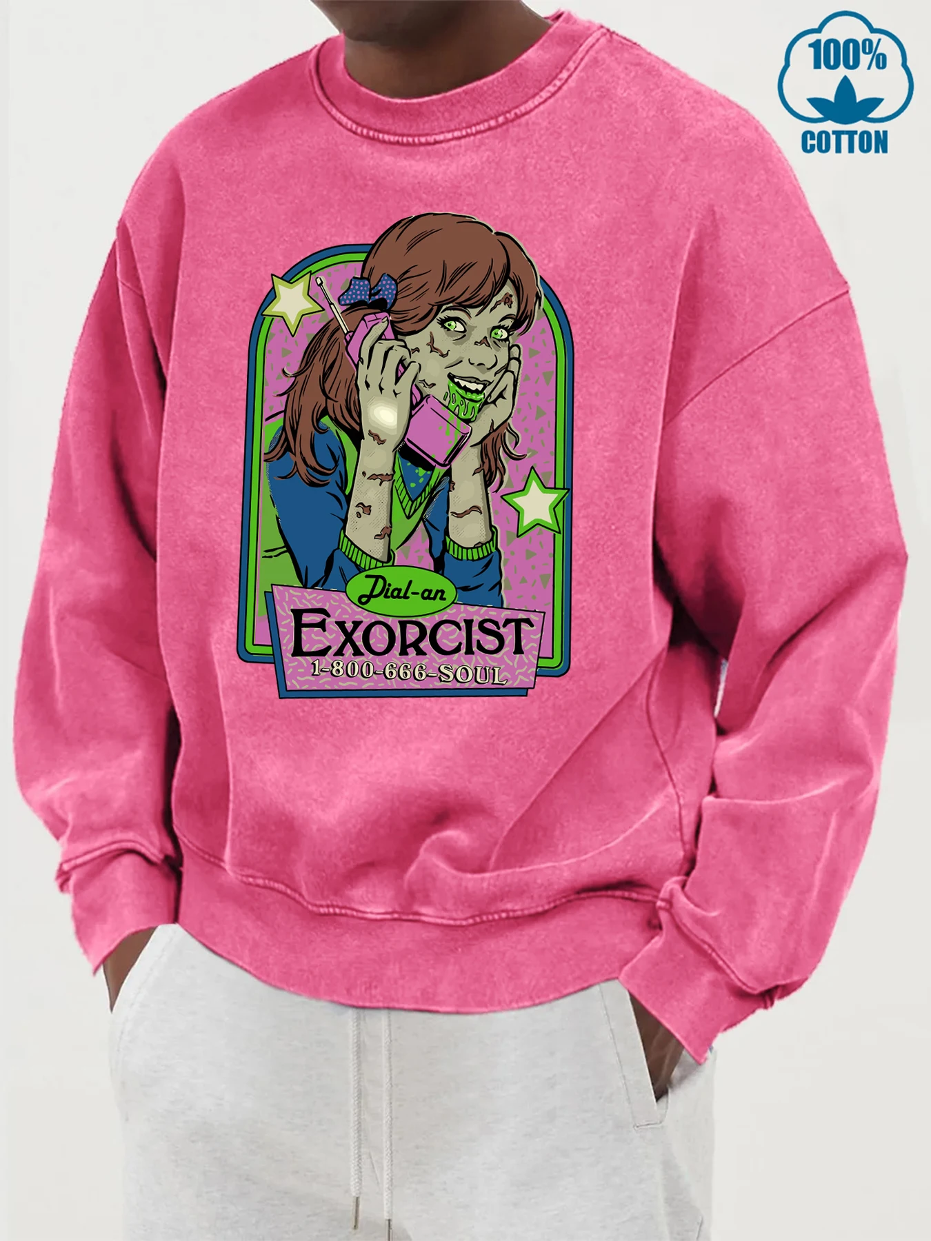 Call The Exorcist Design Male Washed Cotton Sweatshirt Simple Crewneck Pullovers Street Oversize Clothing Autumn Fashion Tops