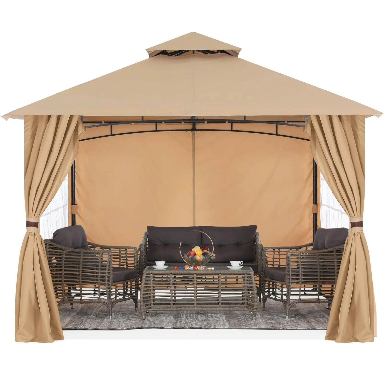 10x12 ft Patio Gazebo with Windows Curtains, Beige