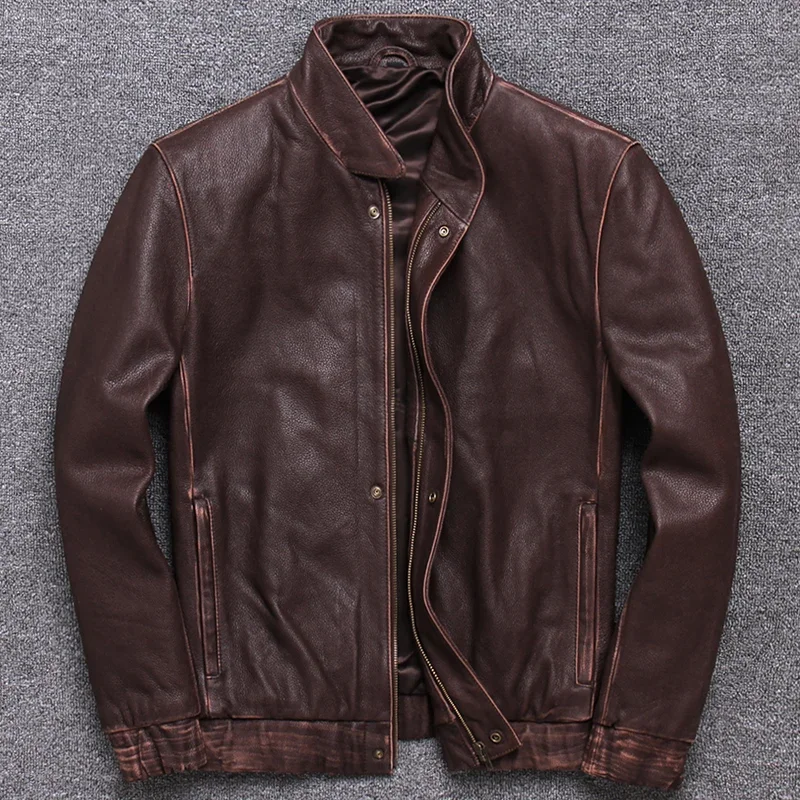 AYUNSUE 2025 Mens Vintage Leather Jacket Slim Short Cowhide Leather Coat Male Casual Korean Outwear 5xl Chaquetas Hombre SQQ335