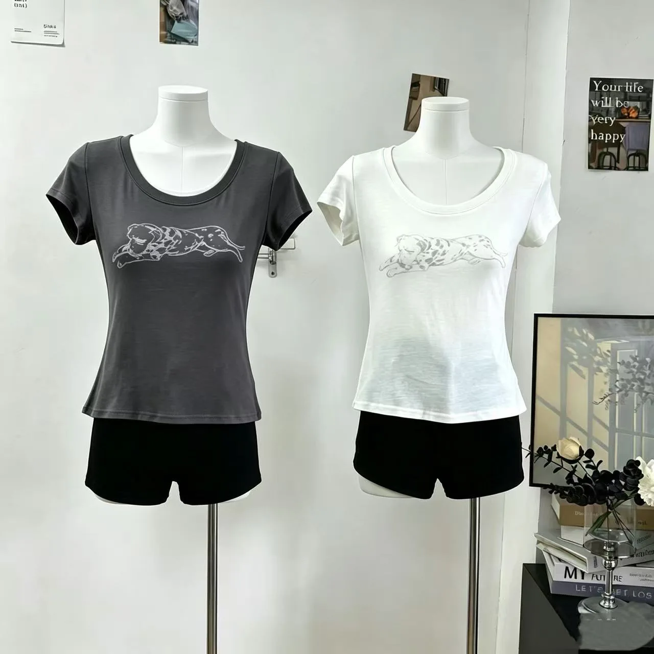 Lin Xiaxia Spot Dog Print T-Shirt Breathable Cool Feeling Large round Neck Short Sleeve Women's Casual Style Polyester Fiber