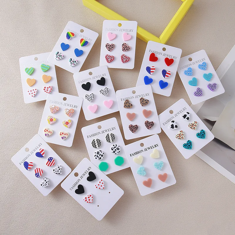 3 أزواج شكل قلب دوت طباعة النساء الأقراط الثلاثي الوردي أسود أحمر اللون القلب جميل لطيف الفتيات القرط مجموعة الحلو هدية مجموعة مجوهرات #3