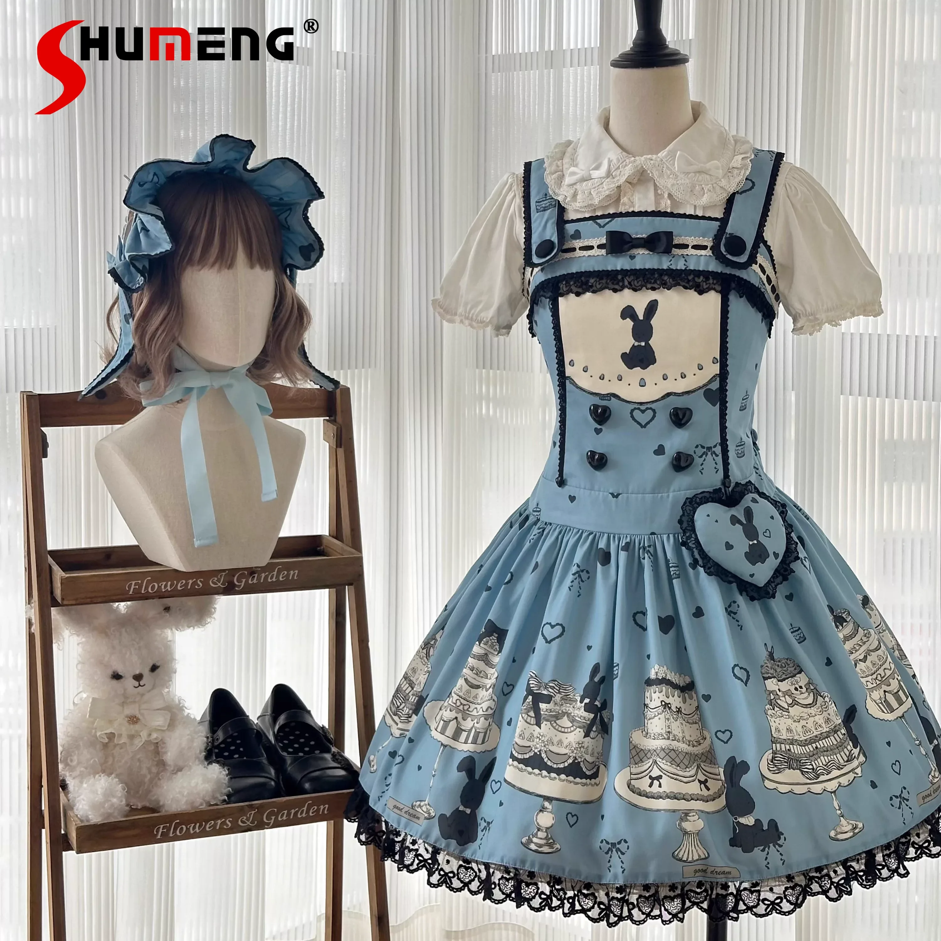 

Japanese Sweet Kawaii Strap Dress Jsk Summer Soft Girls Slim Fit Bow Print Lolita Birthday Party Dress Lo Y2K Dress Vestidos
