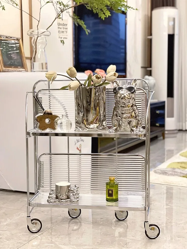 The product can be customized.Online celebrity ins transparent ultra-white Changhong glass medieval folding trolley shelf mobil