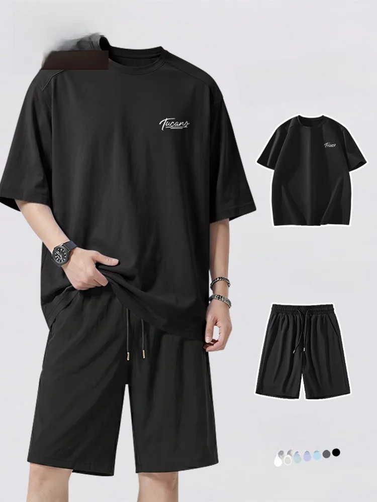 tucano-casual-loose-breathable-quick-dry-short-sleeve-men's-set-summer-comfortable-polyester-fiber-t-shirt-and-shorts-ensemble