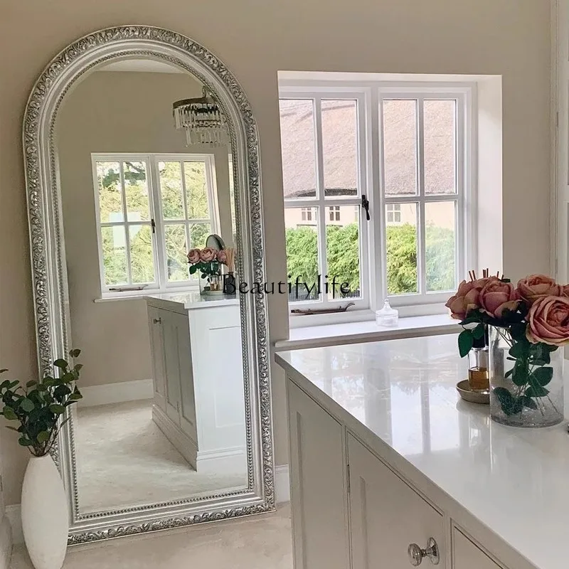 

French retro floor-to-ceiling full-body mirror European solid wood carving flower fitting mirror