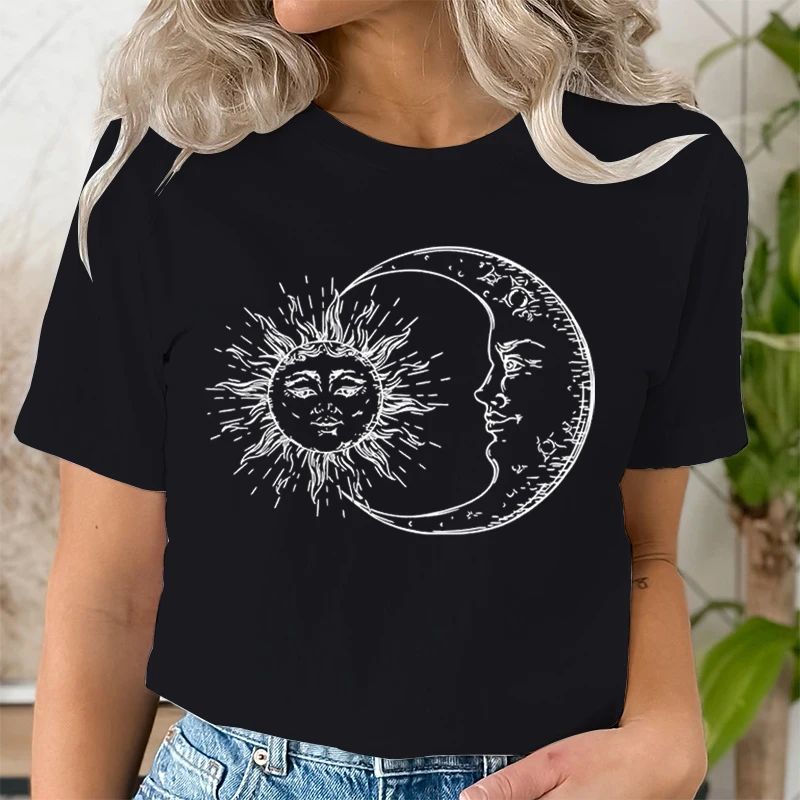 Sun Moon Face Print T Shirts Fashion Summer Casual Tops Punk Women's O-neck Tshirt Clothing Hip Hop Streetwear 2000s Clothes