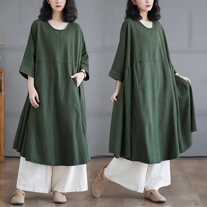 

Свободная женская кукла-миди в стиле ретро в стиле пэчворк, джинсовое платье большого размера средней длины, смесь хлопка и полиэстера