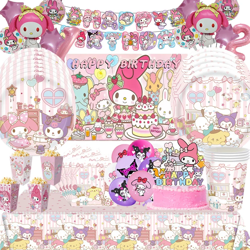 Melody Kuromi – assiettes jetables, gobelets, serviettes, nappe, bannière d'anniversaire, ensemble de vaisselle pour fournitures de fête d'anniversaire