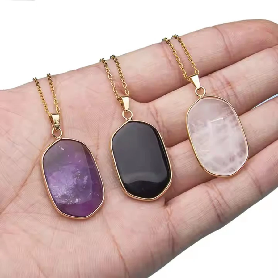 Natural Crystal Stone rose quartz amethyst geometric figure agate Pendant Necklace Stainless Steel gold Chain Gemstone Jewelry