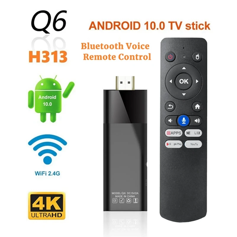 Q6 TV Stick Bluetooth Voice Remote Android 10 2.4G/5G Wifi + BT4.0 H313 TV Box Android TV Dongle PK DQ03