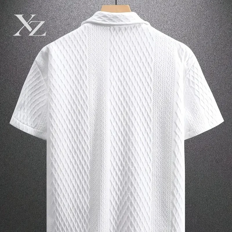 Premium Men's Plus Size Short Sleeve Button Up Shirt White Textured Knit Casual Summer Beach Shirt S-XXL Breathable Full Open