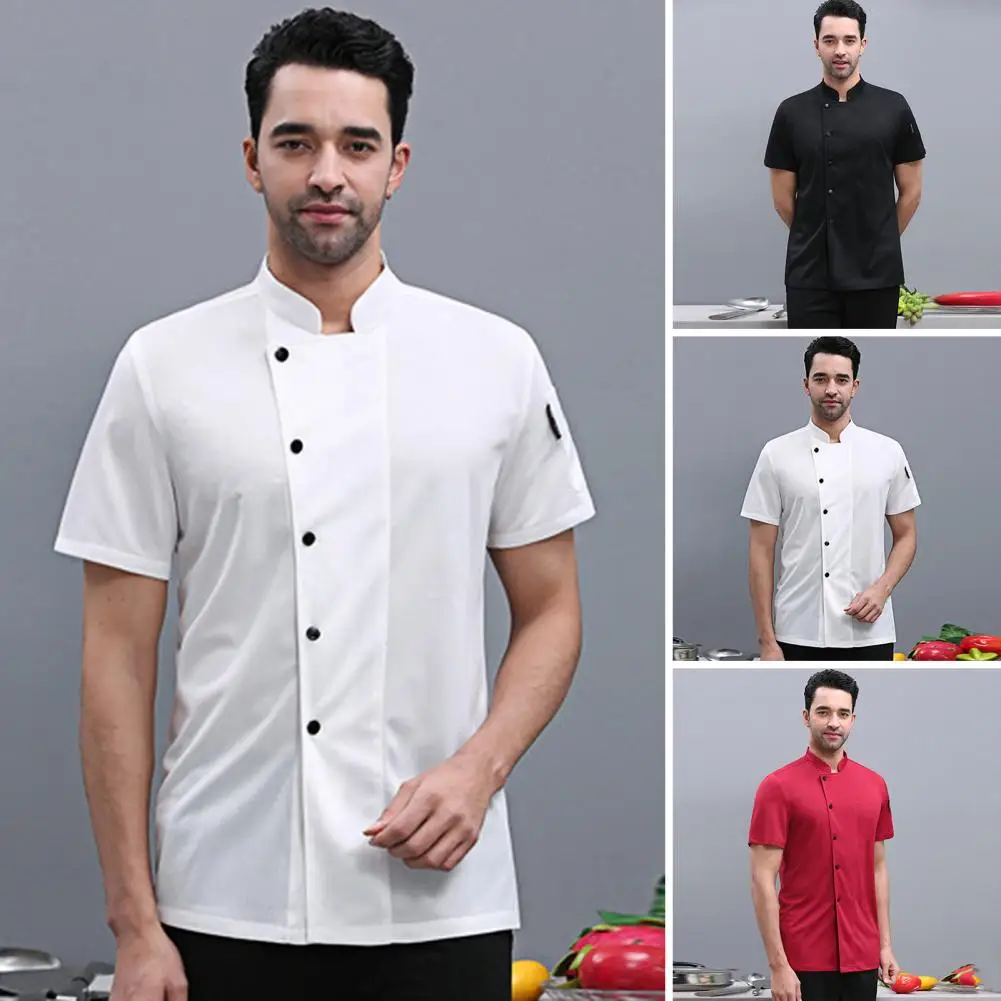 Homens Chef camisa Stand Collar Único Breasted Hotel Chef roupas de manga curta Chef Outfit Stain Proof Restaurante Cozinha Uniforme