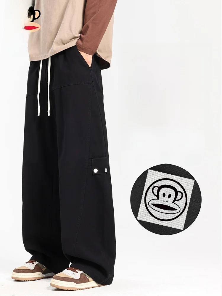 

Мужские повседневные рабочие брюки Paul Frank, широкие прямые штанины, черные, осенние, модные, брендовые, удобные, хлопковые, в американском стиле, для молодежи, на каждый день