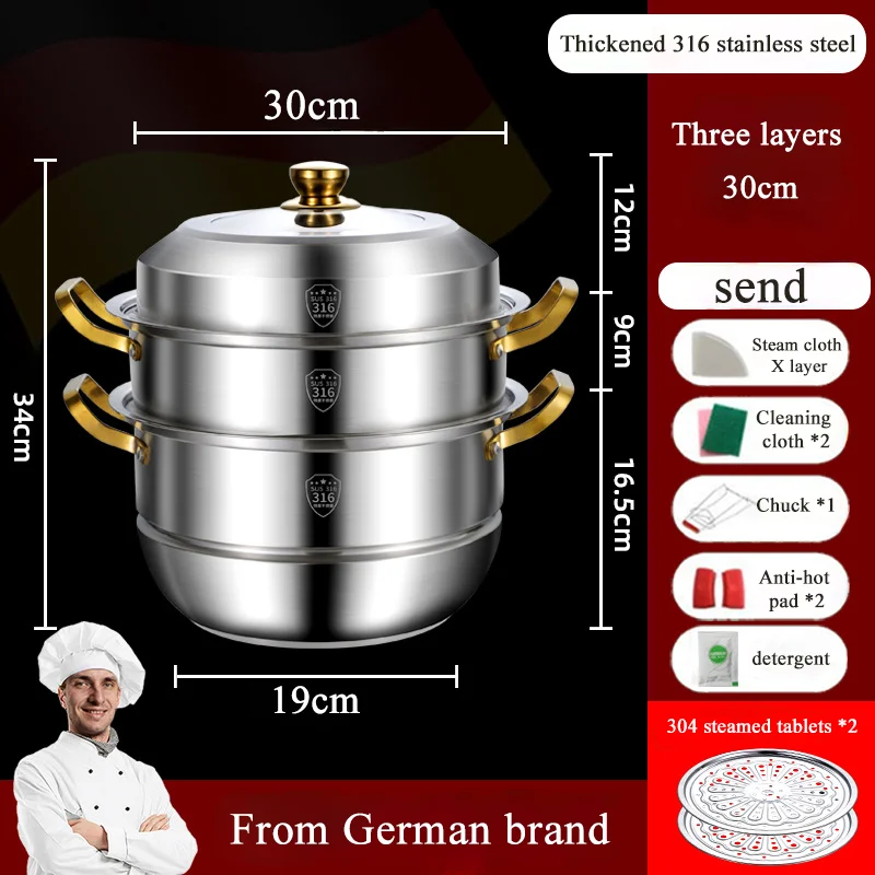 316 Stainless Steel Steam Pot, 4 Layers Steamer Cooker, Home Appliance, Soup Pot for Cooking, Hotpot, Cookware Set, 40cm