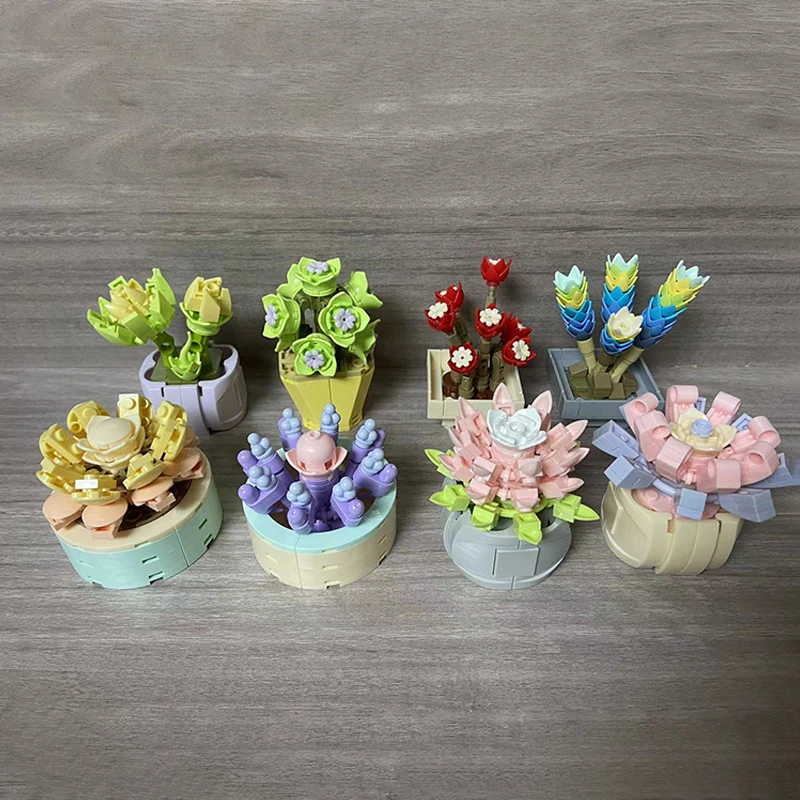 JAKI DIY MOC Potted Plants Succulents Cactus Gypsophila Bonsai Tree Gardens Romantic Building Blocks Model Bricks Sets Toy