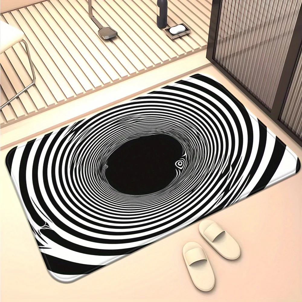 1pc Optical Illusion Black & White Spiral Door Mat - Non-Slip, Absorbent Microfiber Polyester Mat for Bedroom, Living Room