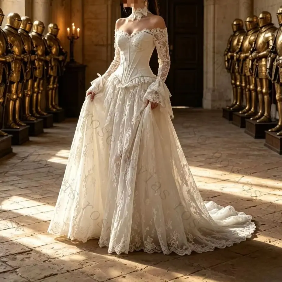 Customized Off Shoulder Lace Long Sleeved Fishbone Tight Corset Wedding Dresses 2026 White Bohemian Ruffled Skirt Bridal Gown