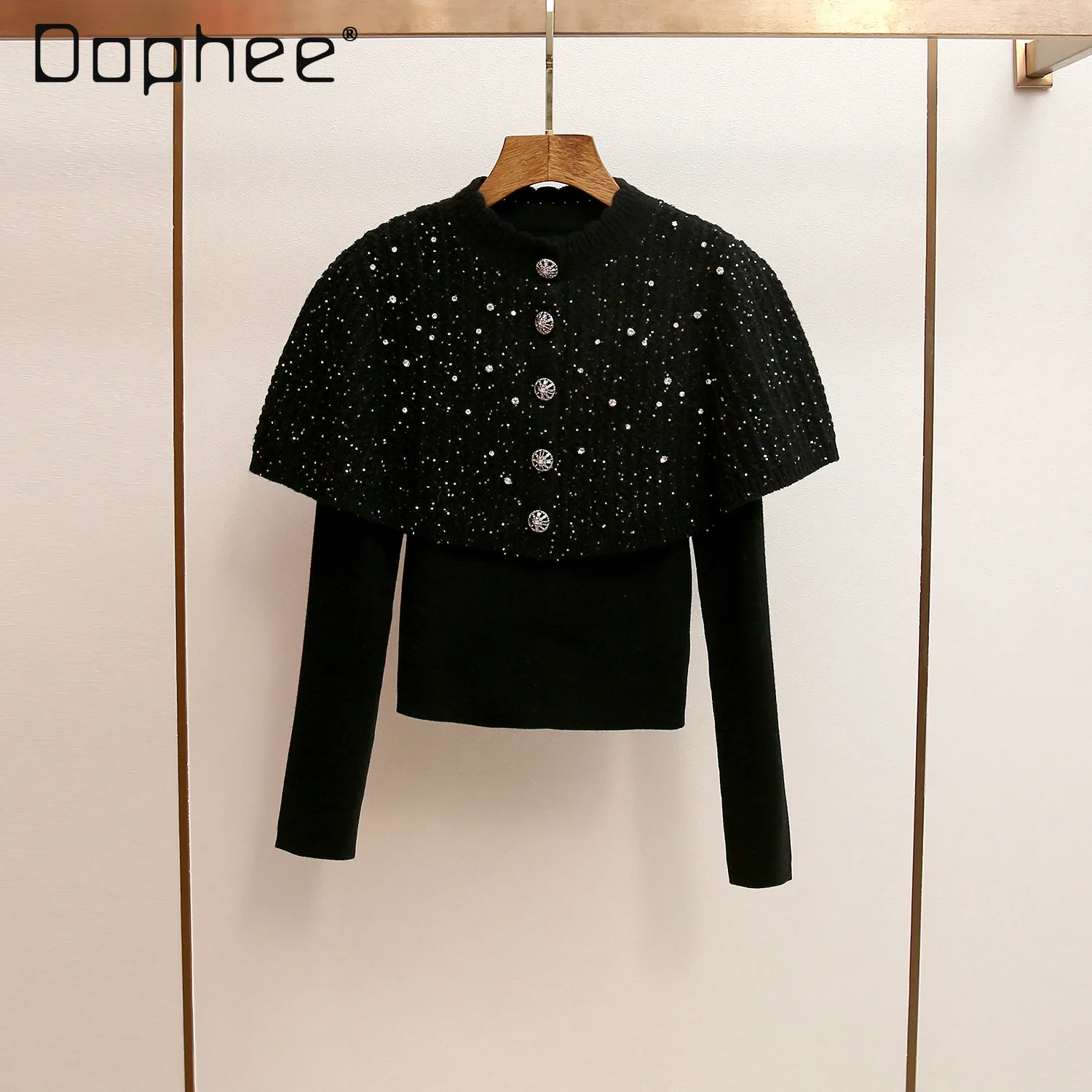 

French Elegant Socialite Knitted Shawl Fake Two-Piece Set Heavy Beading Rhinestone Cape Slim Long Sleeve Knitted Top for Women