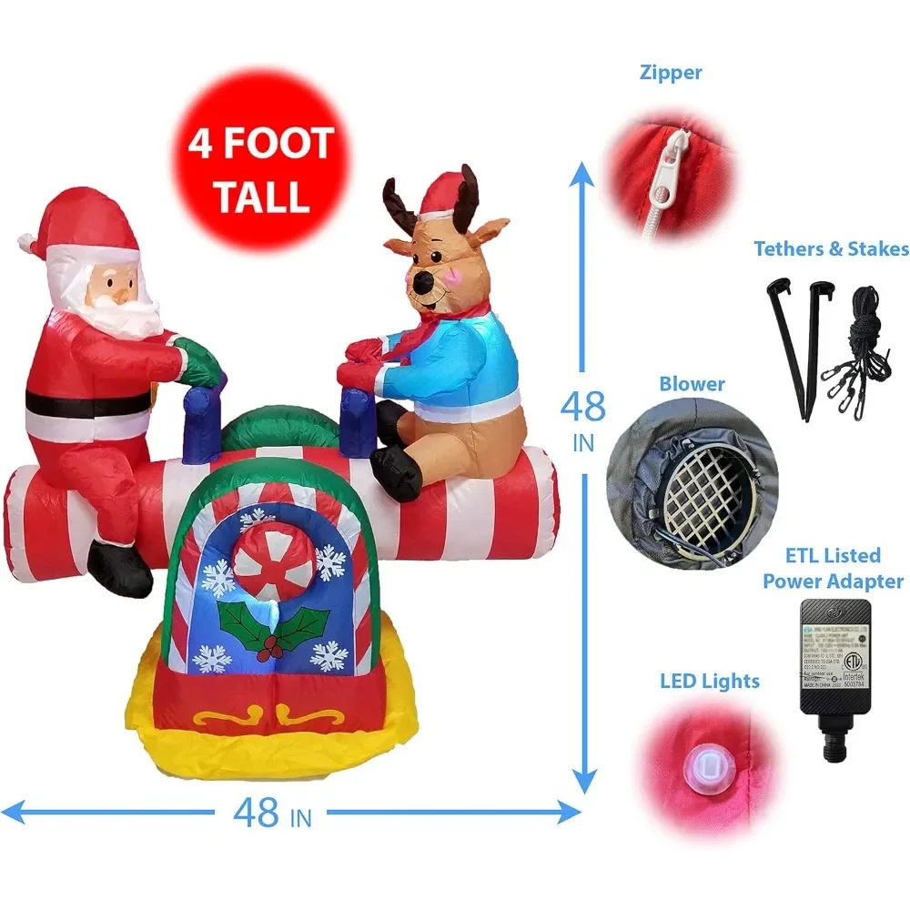 Christmas Inflatable  4 Foot Animated Santa Claus and Reindeer on Teeter Totter Outdoor Yard Decoration Christmas Inflatable