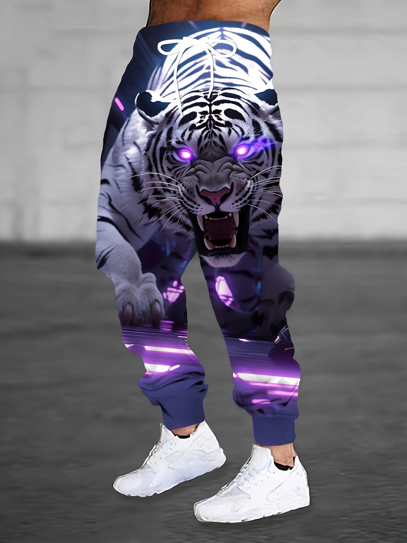 

Spring/Summer Men's Fashion Casual Pants Trendy Fierce White Tiger 3D Print Outdoor Street Style Drawstring Trousers