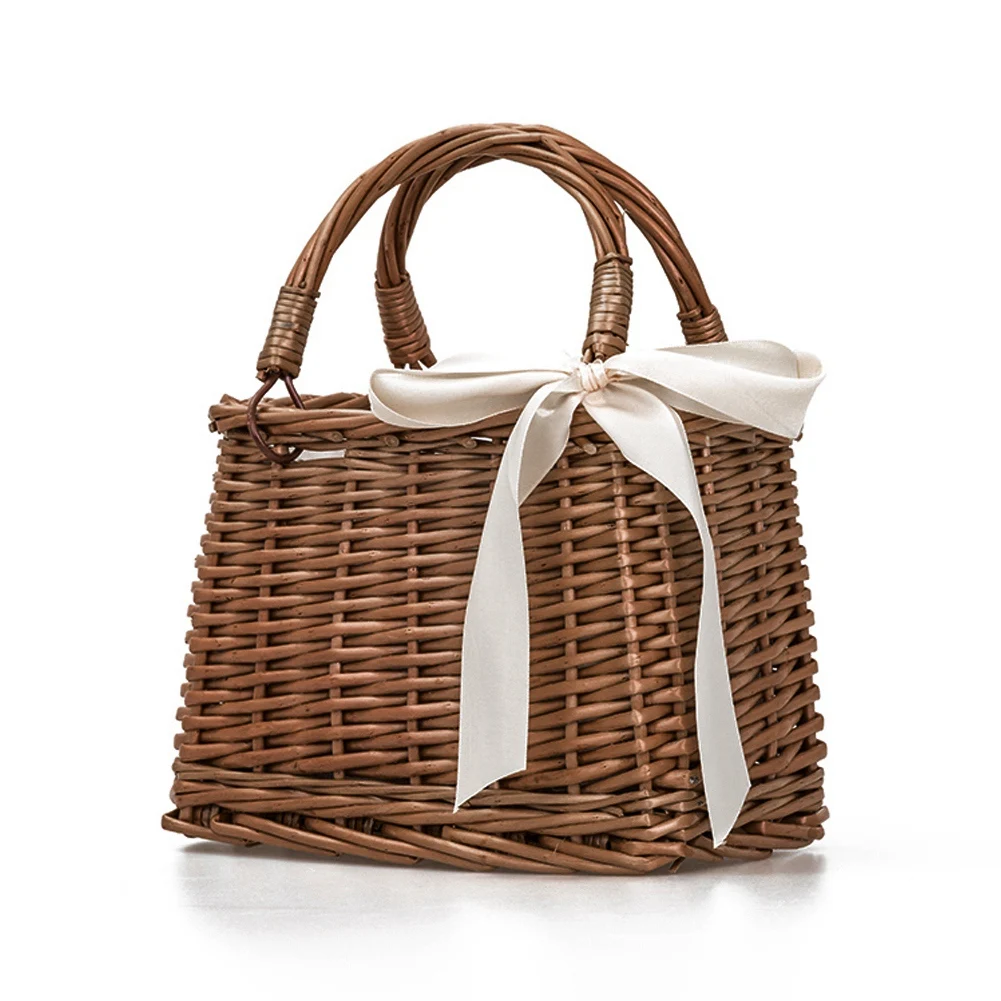 ABNQ Rattan Woven Bag Retro Style Bag Handbag Beach Bag Storage Basket Lunch Box Bag