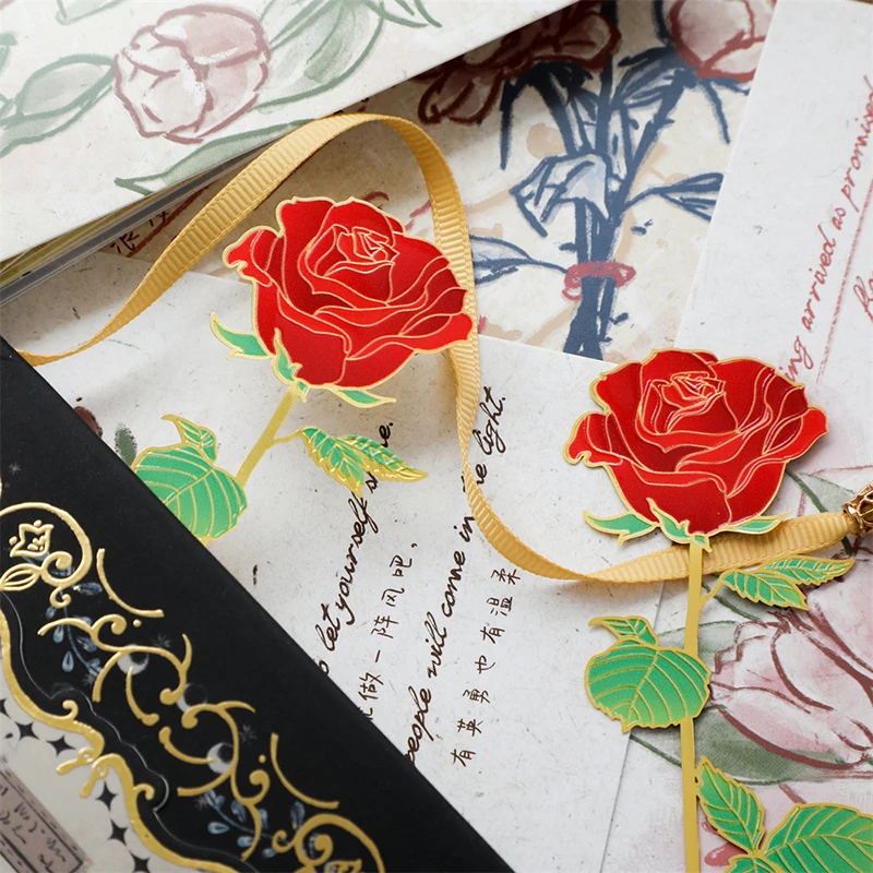 Chiński styl Vintage Rose Flower Leaves Metal Bookmark Tassel Book Clip Pagination Mark Student Gift Stationery School Supplies