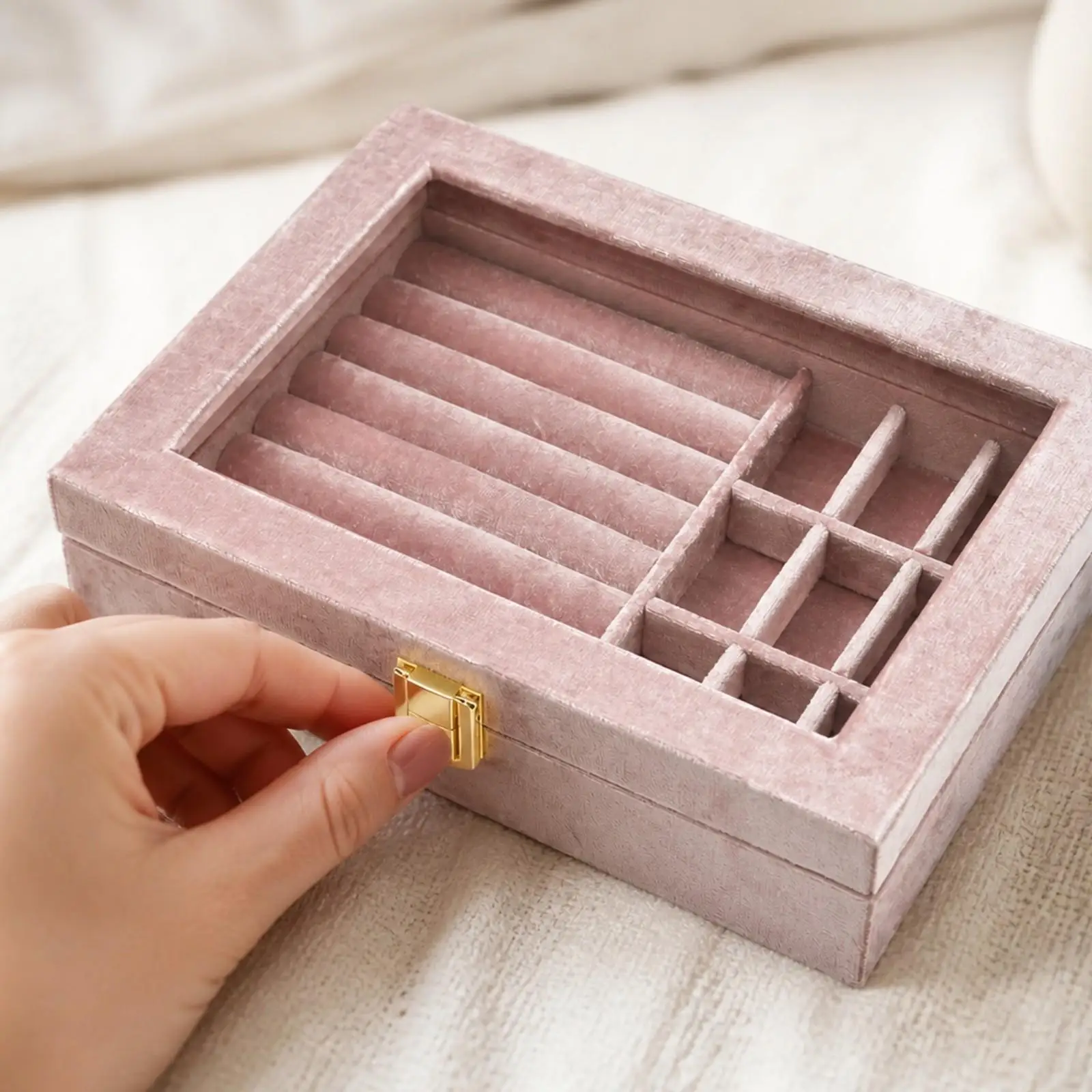 Elegant Velvet Jewelry Box Organizer Case with Transparent Lid and Roll Bar Section for Necklaces Earrings Rings