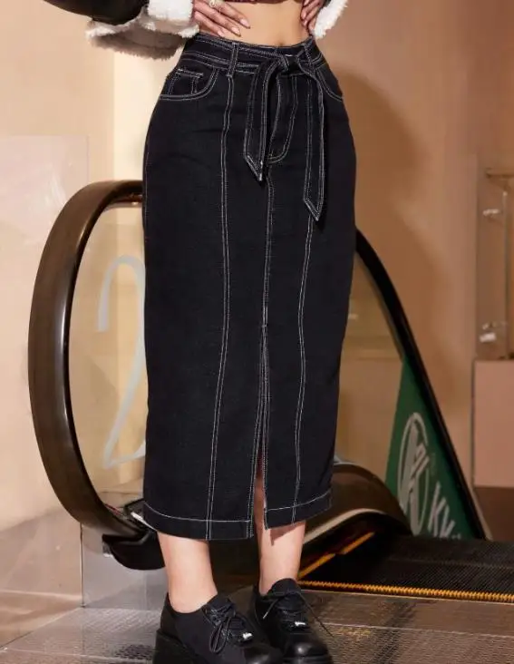

Fashionable High Waisted Straight Leg Split Half Skirt with Hip Wrapped A-Line Mid Length Denim Skirt