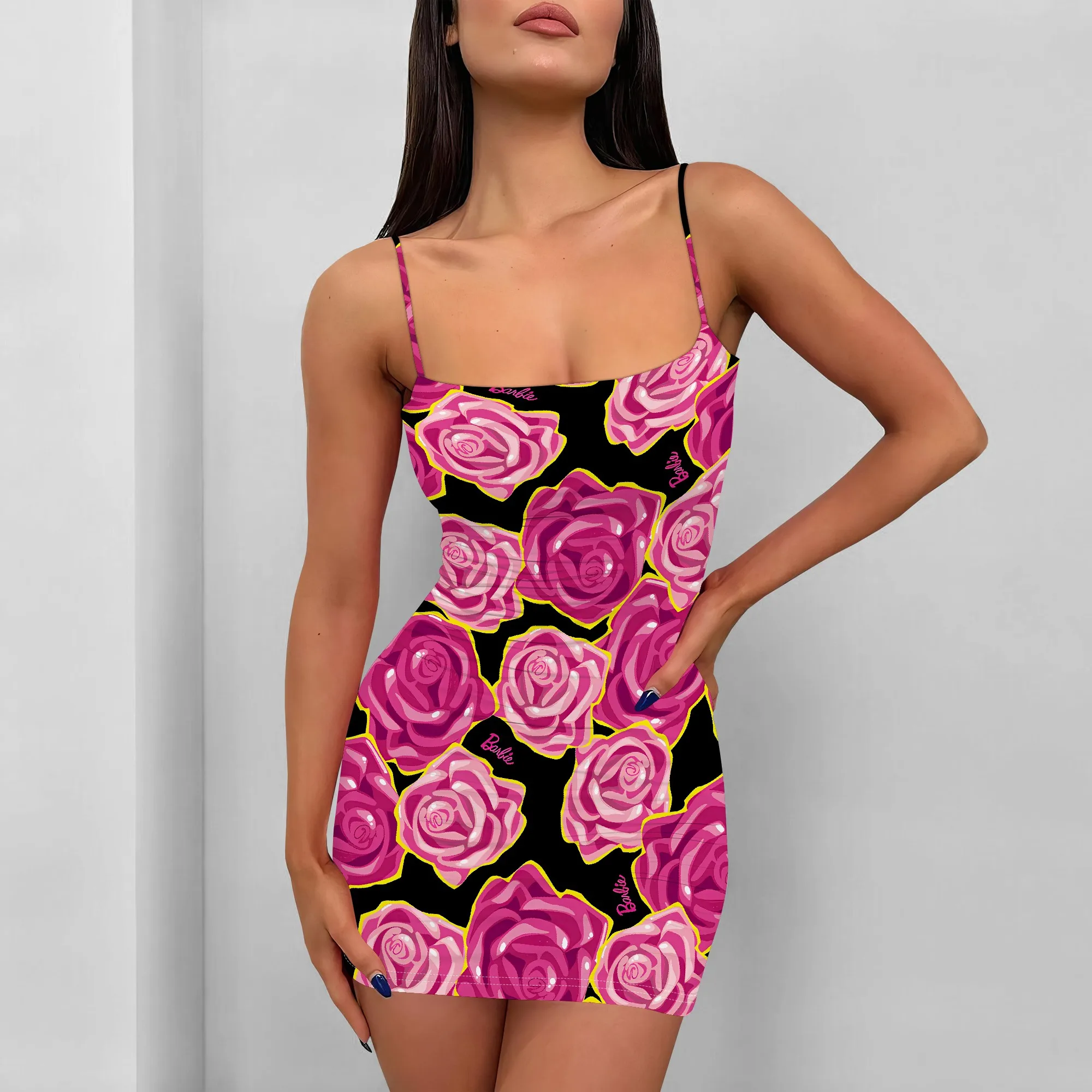 

Women's Sleeveless Crew Neck Spaghetti Strap One-Shoulder Women Fashion Printed Split Casual Mini Dress