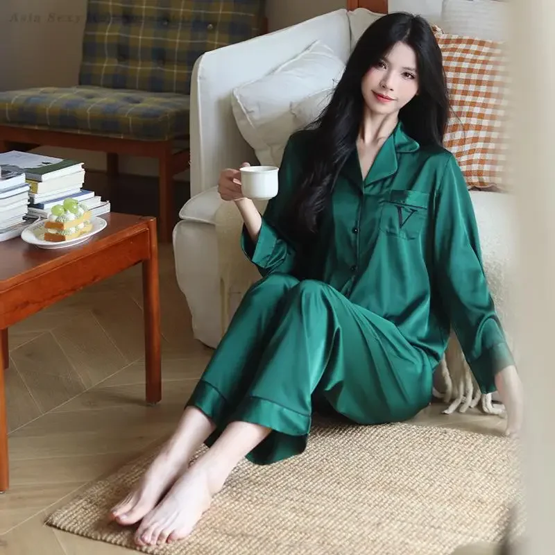 

Women Spring Autumn New Sleepwear Long Sleeve Pajamas 2PCS Set Loungewear Fashion Pyjama Pour Femme Loose Casual Satin Homewear