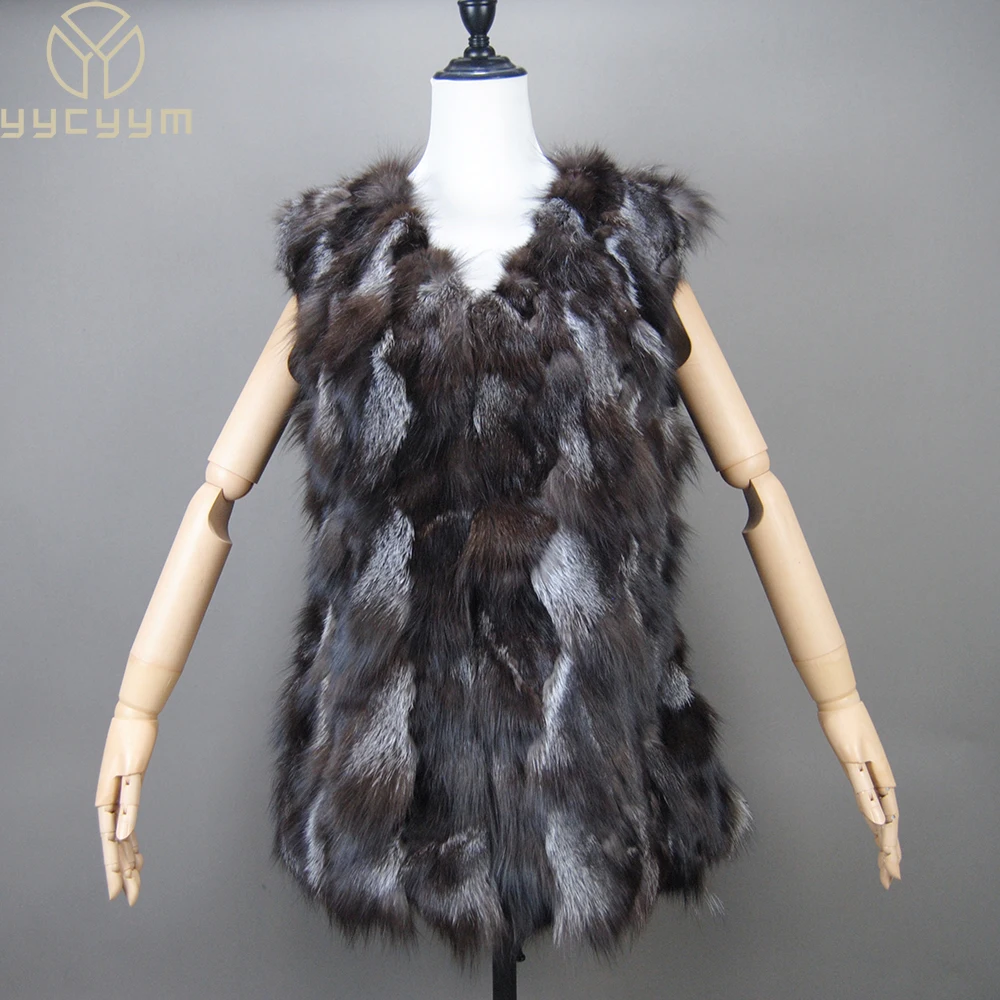 

New Women Autumn Winter Long Style 100% Genuine Real Sliver Fox Fur Vest Natural Fox Fur Sleeveless Coat Lady Real Fox Fur Gilet