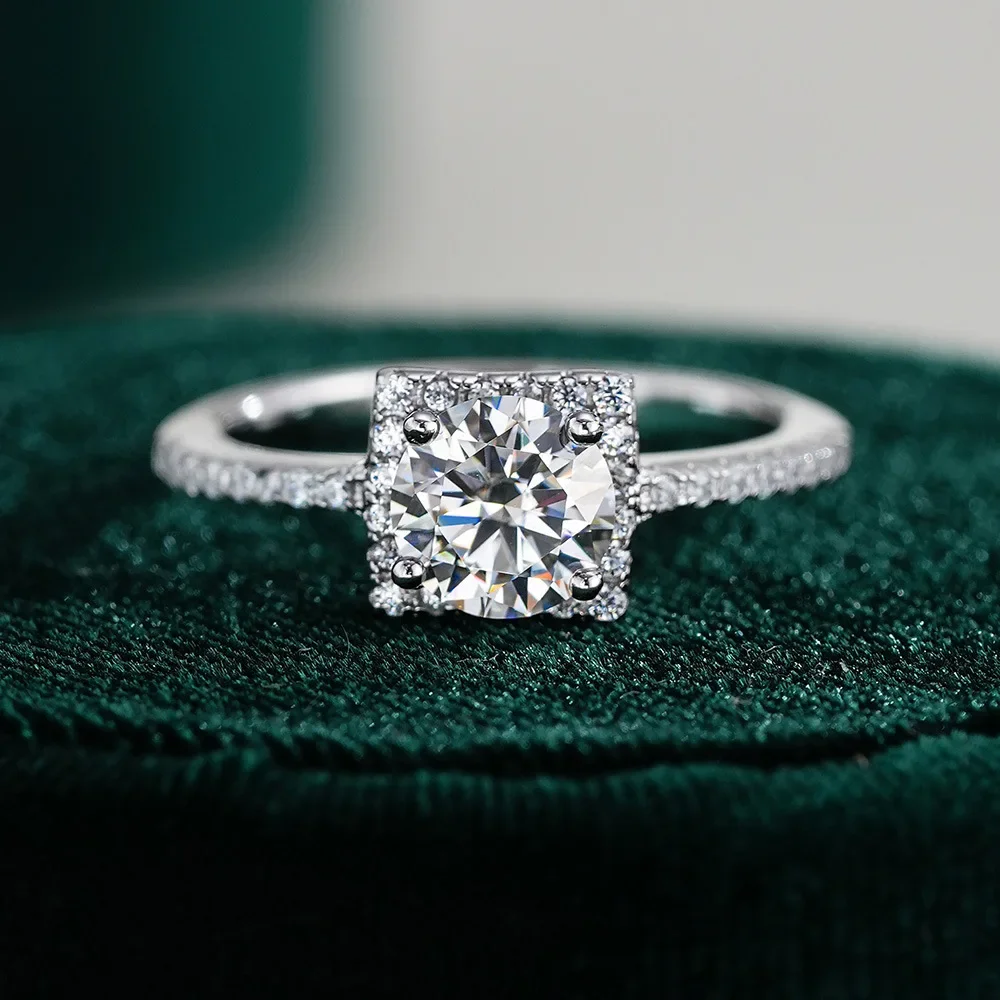 Lumira Generous Four-Prong 1 Carat Moissanite Platinum PT950 Ring with Square Cluster Setting in Minimalist Style Birthday Gifts