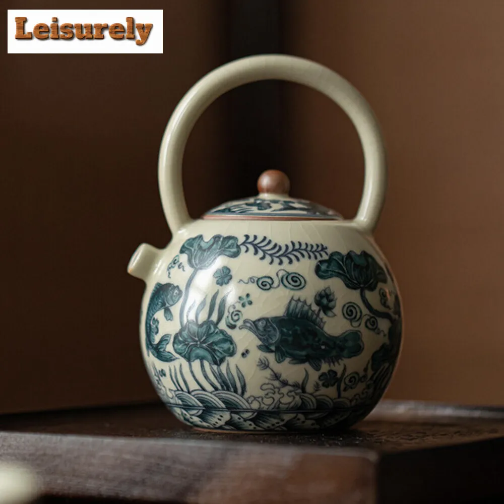 260ml Imitation Song Ru Kiln Teapot Retro Fish and Algae Pattern Lifting Beam  Pot Tea Soaking Kettle Tea Services Collection