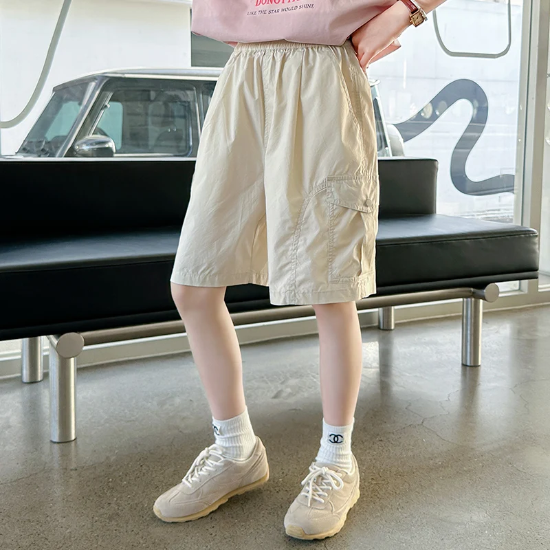 Brief Style Kids Beige Color Cotton Shorts for Tweens Girl Casual Knee Length Pants Children Solid Mid-Calf Shorts 5 6 8 9 12 14