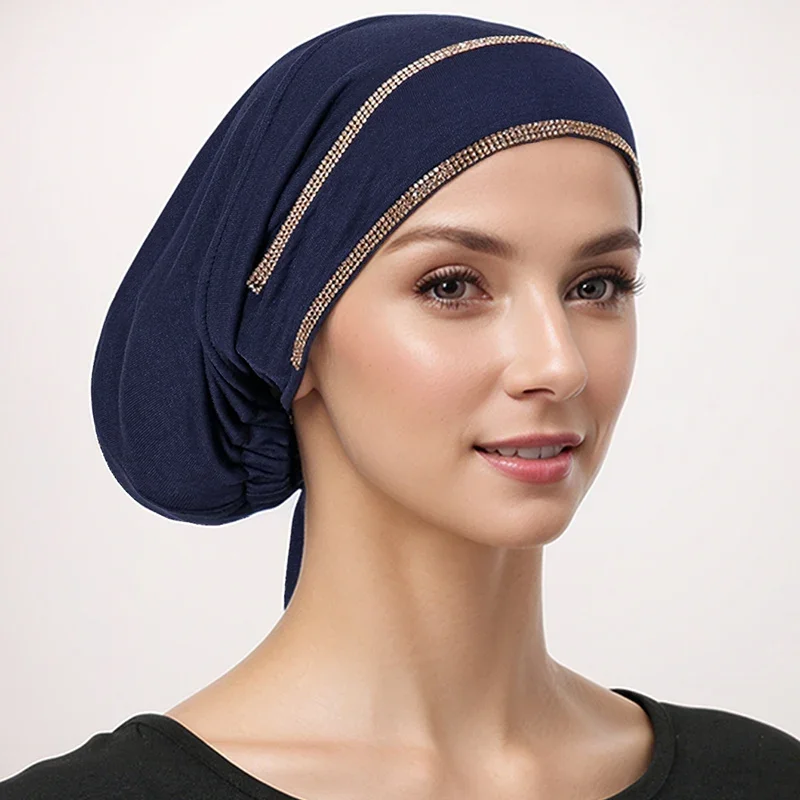 

New Modal Rhinestone Band Muslim Turban Hat Inner Hijab Caps Islamic Underscarf Bonnet India Hats Female Headwrap Turbante Mujer