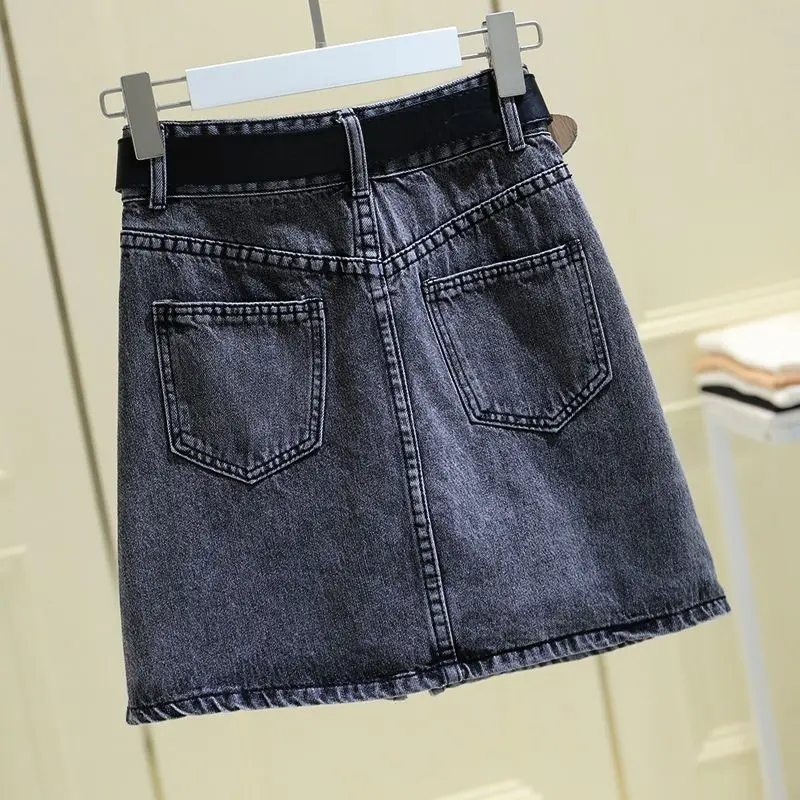 Fashion Rabbit rhinestone Denim Skirt for Women 2024 Summer New High Waist Loose and Slimming Versatile A- Line Skirt Female