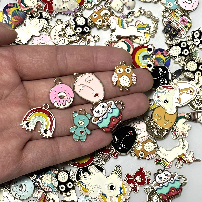 10/30/50/100pcs Bulk Wholesale Enamel Alloy Charms Cat Owl Food Animal Bead Pendant For Bracelet Necklace DIY Jewelry Make