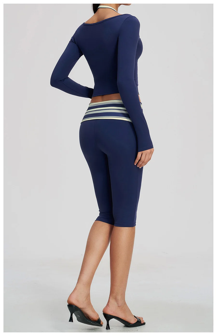 2-teiliges Yoga-Set, Damen-Trainingsanzug, modisches, gestreiftes Workout-Set, Gym-Shorts, Outfit, hochtailliert, Po-Lifting, lange Ärmel, Yoga-Kleidung – Detail 9
