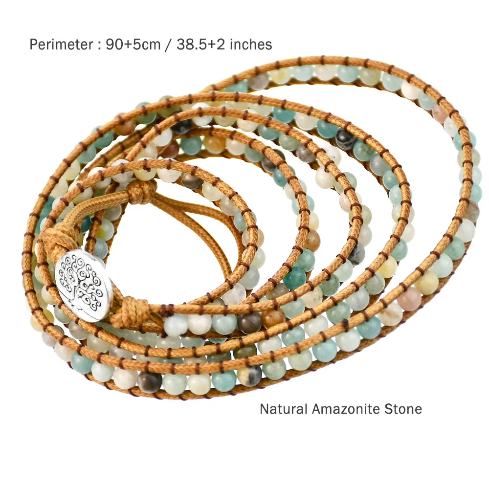 Yumfeel New Amazonite Beaded Leather Rope Wrap bracciale bohémien Natural Stone Jewelry 5 strati braccialetto lungo regolabile