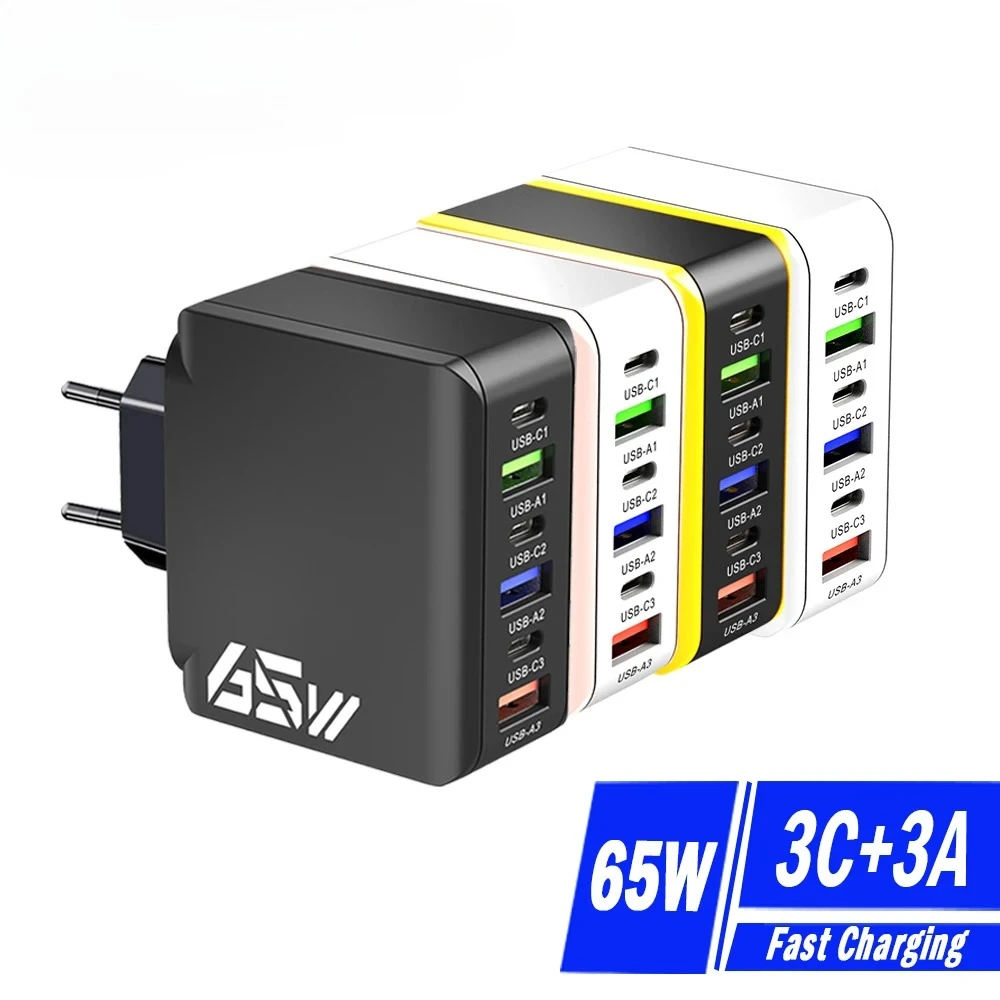 6Ports 65W USB PD Charger Fast Charging Charger QC3.0 USB C Type C Mobile Phone Wall Adapter For iPhone 17 16 pro Samsung Xiaomi
