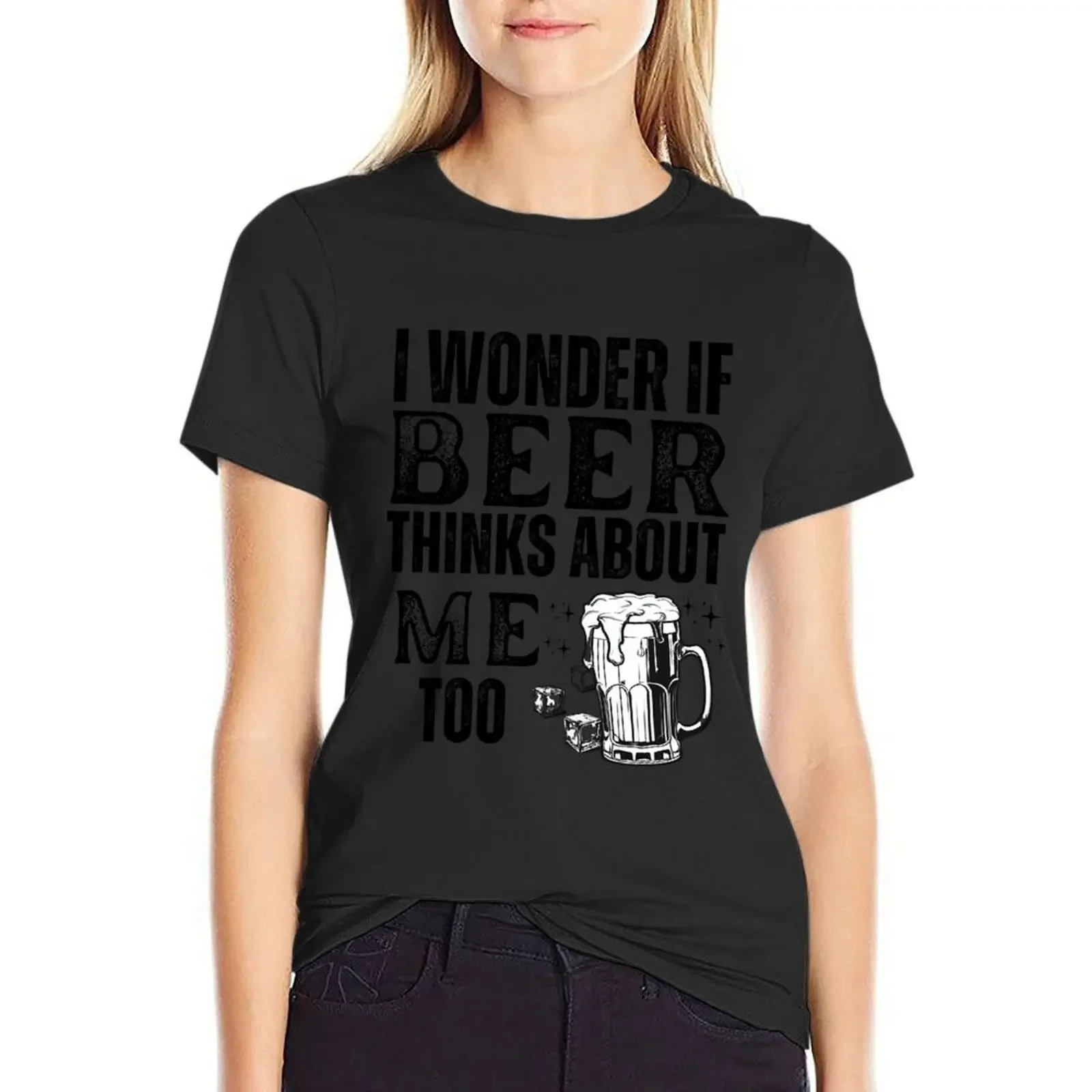 

I wonder if beer thinks about me too-funny beer T-shirt korean fashion cute tops vintage clothes T-shirts for Women