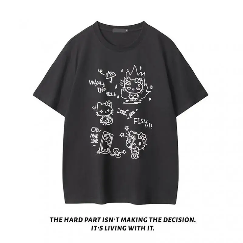 Sanriohello Kitty Cute Kt Cat Print Short-Sleeved T-Shirt for Women In Summer New Sweet Cool Loose Lazy Style T-Shirt Top Ins
