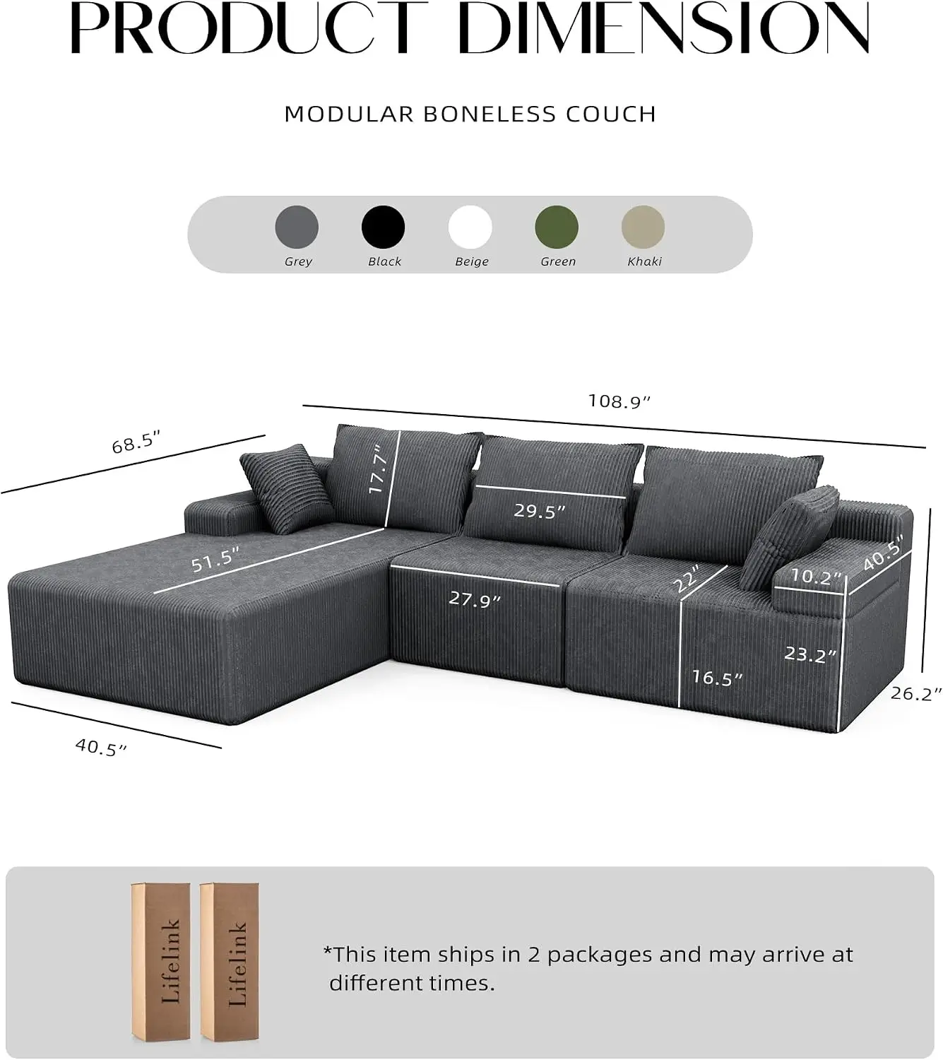 Cloud Sofa 108 Inch Sectional Boneless L Shaped Modular Compressed No Assembly Required Deep Seat High Back Left Facing Chaise L