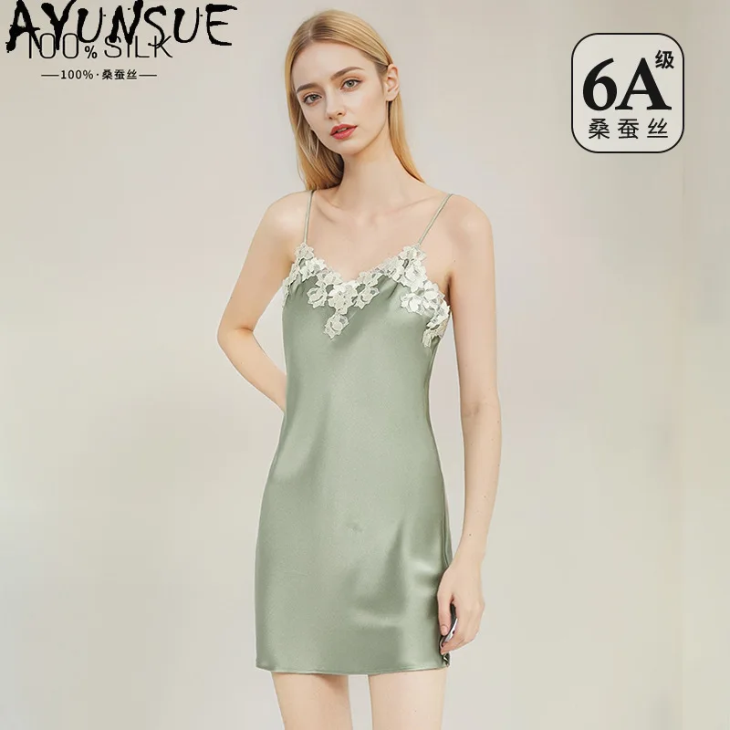 AYUNSUE 100% Silk Night Dresses for Women Sleeveless Short Dress Sexy Nightgowns Comfortable Pajamas for Woman Пижама Женская