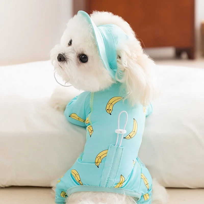 

Pet Summer Four-legged Sunsuit Puppy Cute Banana Clothes Bichon Jumpsuits Clothes Fruit Dog Clothes With Hat