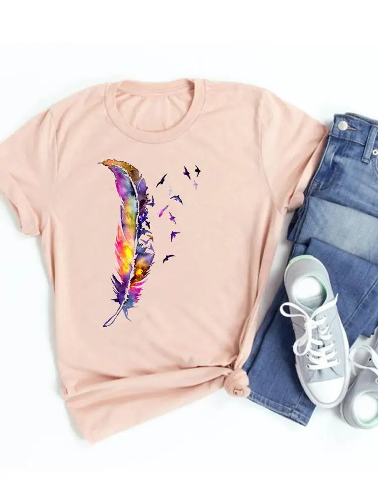 

Feather Lovely Style 90s Sweet Fashion Short Sleeve Casual T-shirts Clothes Women Female Summer T Clothing Print Graphic Tee